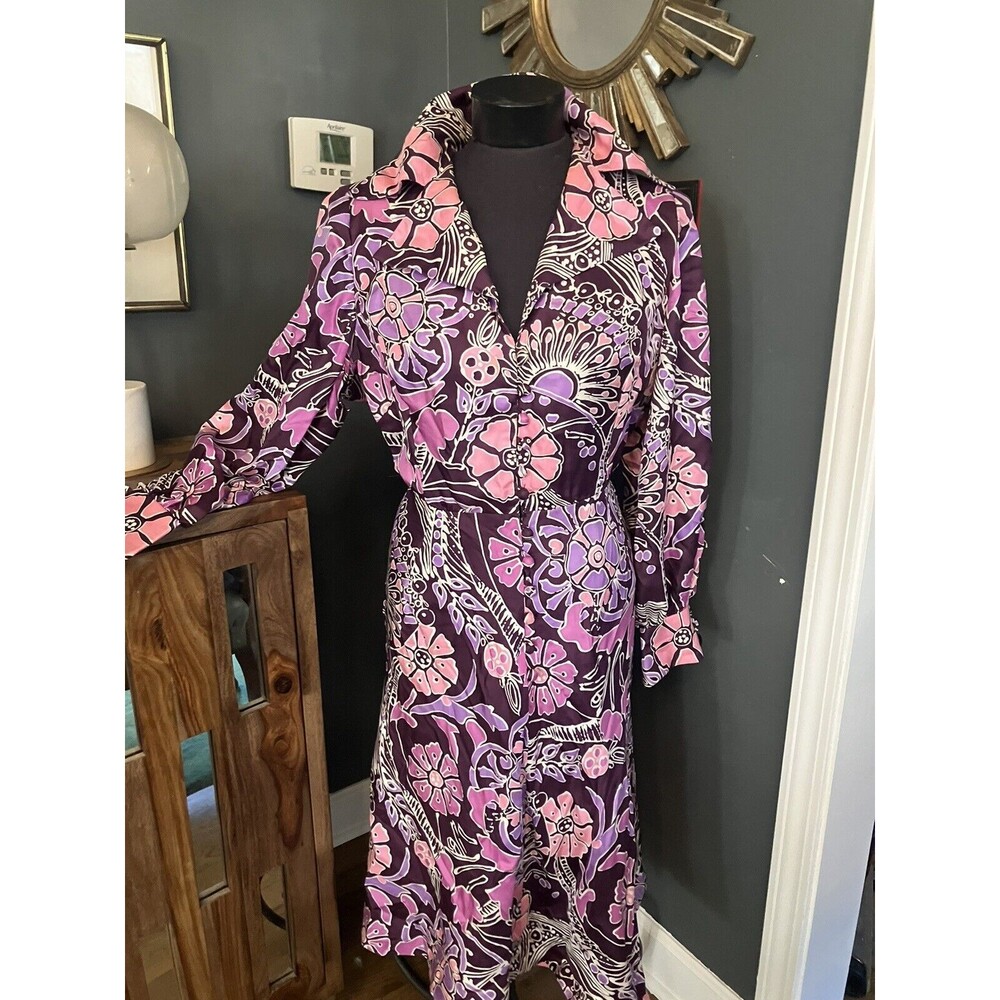 True Vintage 70s Psychedelic Silk Mod Dress Covered Buttons Purple Pink Retro XL